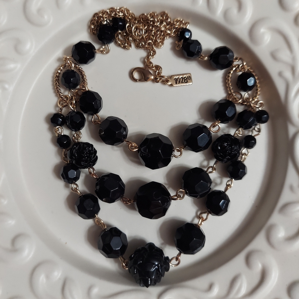'1928' Vintage Textured Gold Tone/Faceted Black Bead, Multi-Strand Necklace